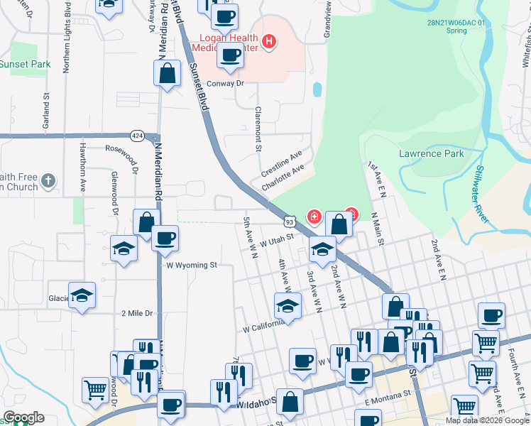 map of restaurants, bars, coffee shops, grocery stores, and more near 410 West Arizona Street in Kalispell
