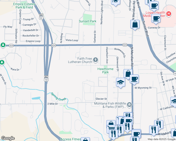 map of restaurants, bars, coffee shops, grocery stores, and more near 600 Liberty Street in Kalispell
