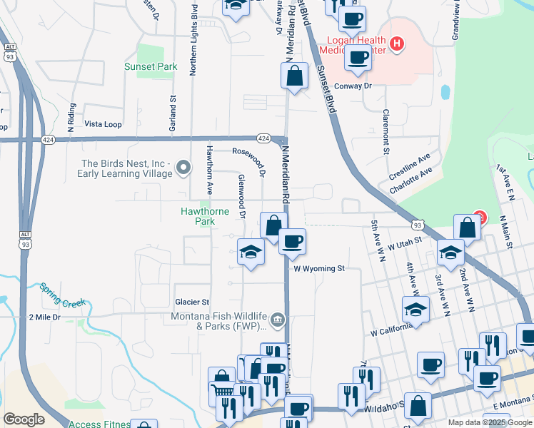 map of restaurants, bars, coffee shops, grocery stores, and more near 187 Rosewood Drive in Kalispell