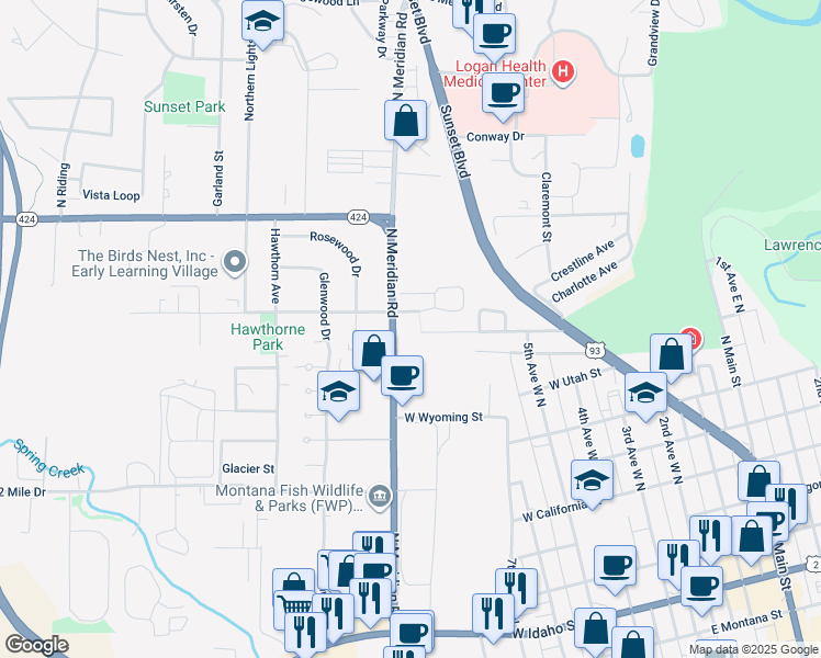 map of restaurants, bars, coffee shops, grocery stores, and more near 955 North Meridian Road in Kalispell
