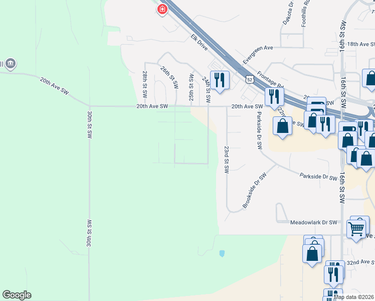 map of restaurants, bars, coffee shops, grocery stores, and more near 2300 25th Street Southeast in Minot
