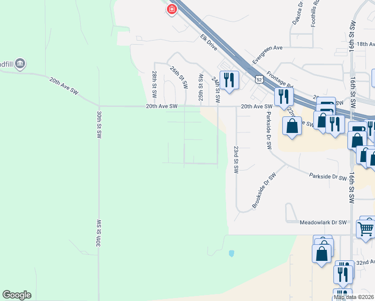 map of restaurants, bars, coffee shops, grocery stores, and more near 2300 25th Street Southeast in Minot