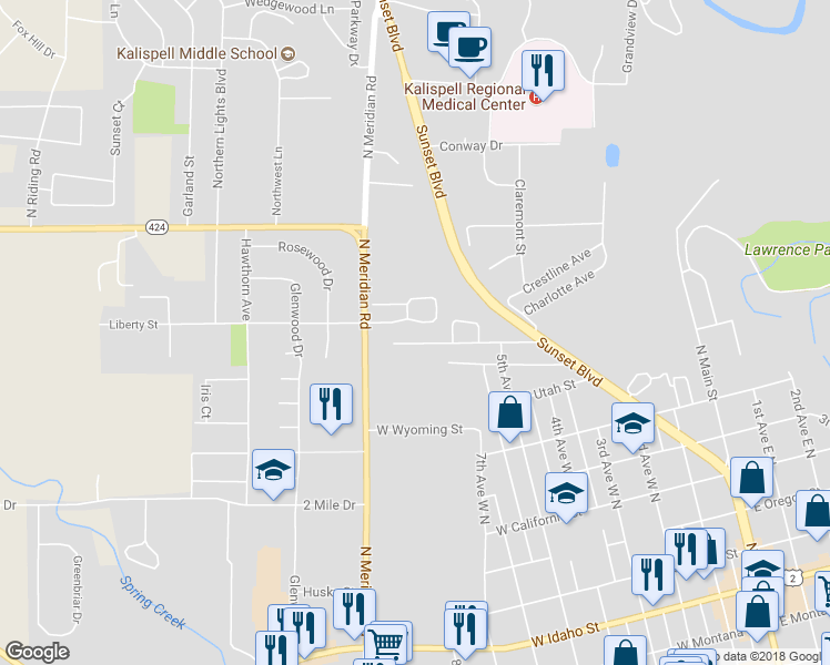 map of restaurants, bars, coffee shops, grocery stores, and more near 613 West Arizona Street in Kalispell