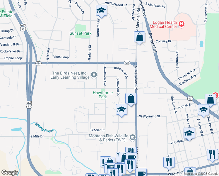 map of restaurants, bars, coffee shops, grocery stores, and more near 338 Liberty Street in Kalispell