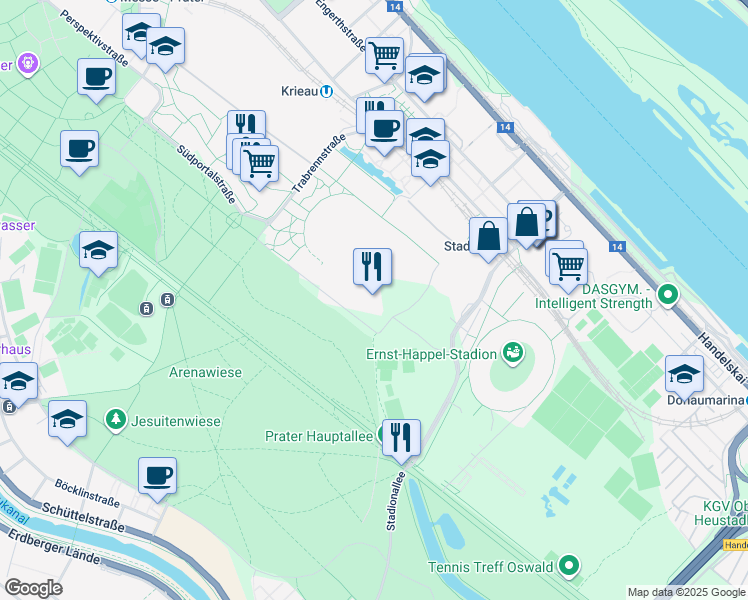 map of restaurants, bars, coffee shops, grocery stores, and more near in Vienna