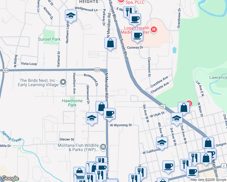 map of restaurants, bars, coffee shops, grocery stores, and more near 1001-1099 State Highway 424 in Kalispell