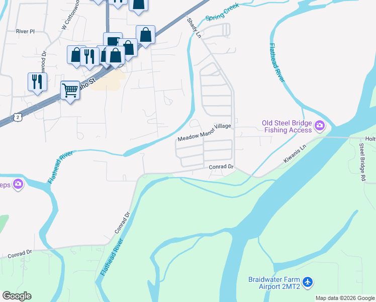 map of restaurants, bars, coffee shops, grocery stores, and more near Meadow Manor Village in Evergreen