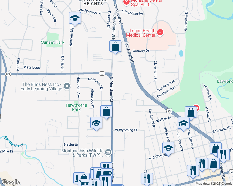map of restaurants, bars, coffee shops, grocery stores, and more near 1001-1099 State Highway 424 in Kalispell