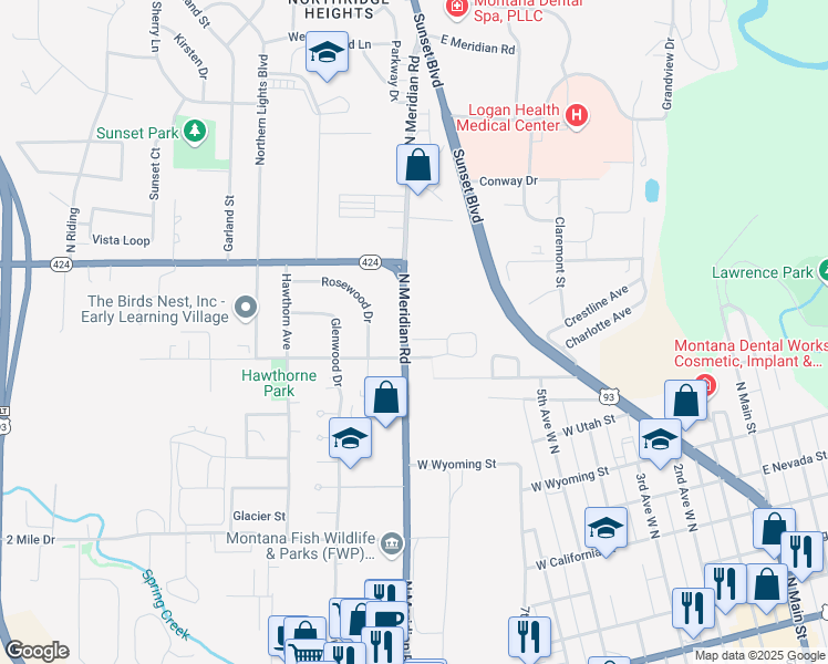 map of restaurants, bars, coffee shops, grocery stores, and more near 1001-1099 State Highway 424 in Kalispell