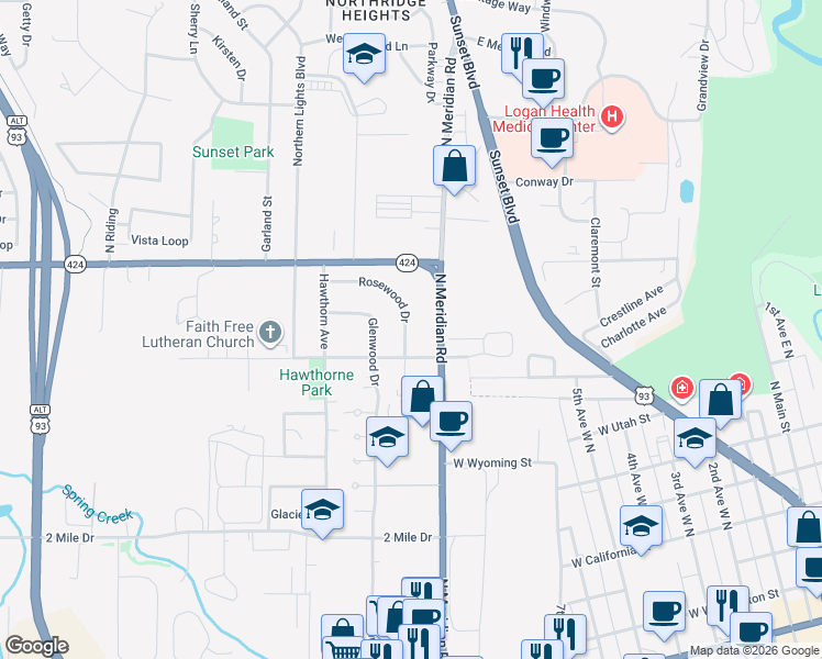 map of restaurants, bars, coffee shops, grocery stores, and more near 215 Rosewood Drive in Kalispell