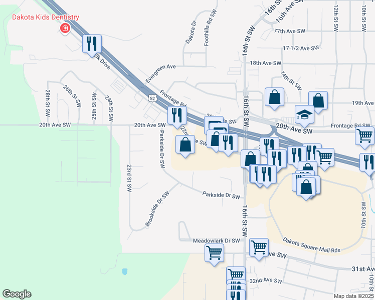 map of restaurants, bars, coffee shops, grocery stores, and more near 1905 22nd Avenue Southwest in Minot