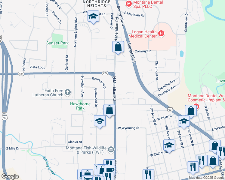 map of restaurants, bars, coffee shops, grocery stores, and more near State Highway 424 in Kalispell