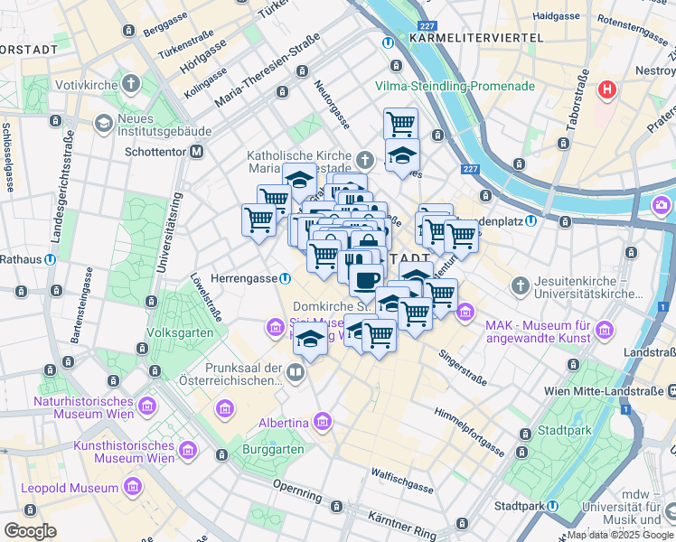 map of restaurants, bars, coffee shops, grocery stores, and more near 3-7 Tuchlauben in Wien