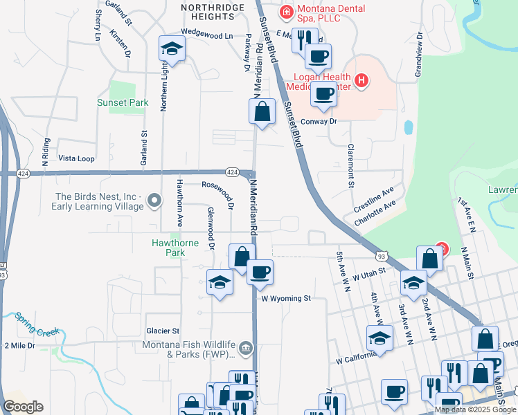 map of restaurants, bars, coffee shops, grocery stores, and more near 1079 North Meridian Road in Kalispell