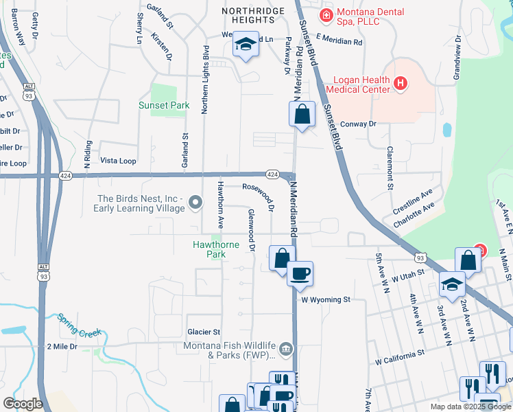 map of restaurants, bars, coffee shops, grocery stores, and more near 229 Glenwood Drive in Kalispell