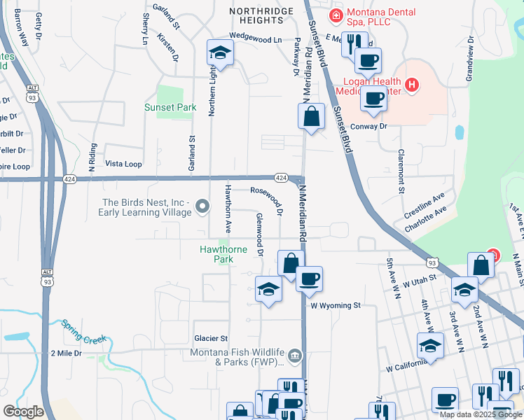 map of restaurants, bars, coffee shops, grocery stores, and more near 229 Glenwood Drive in Kalispell