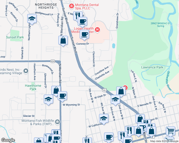 map of restaurants, bars, coffee shops, grocery stores, and more near 200 Mission Street in Kalispell
