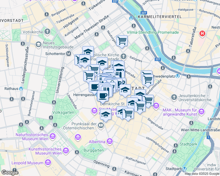 map of restaurants, bars, coffee shops, grocery stores, and more near 4 Bognergasse in Wien