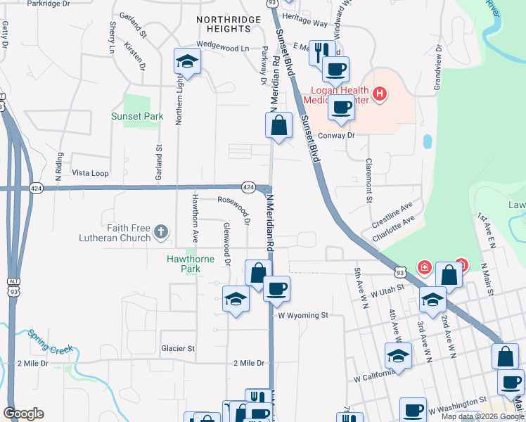 map of restaurants, bars, coffee shops, grocery stores, and more near 215 Rosewood Dr in Kalispell