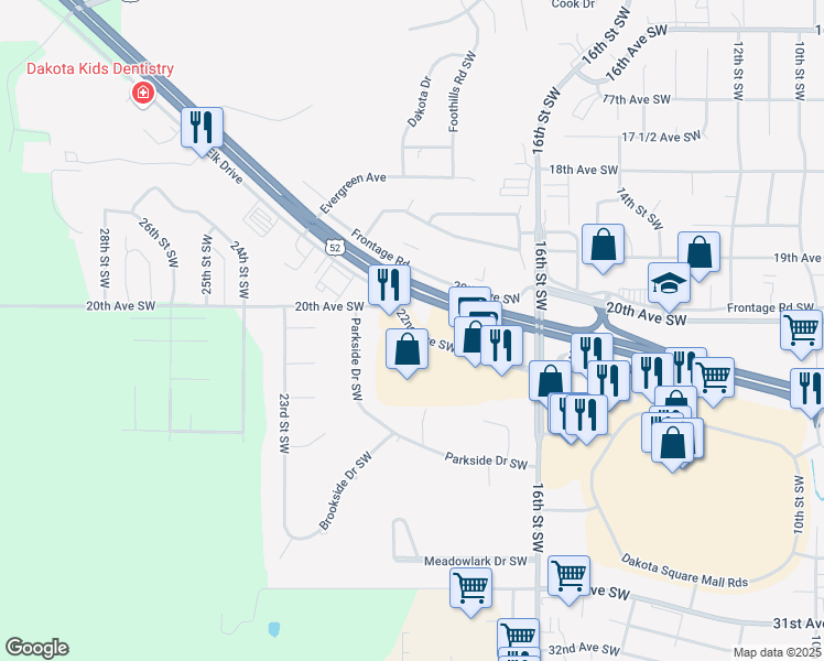 map of restaurants, bars, coffee shops, grocery stores, and more near 1905 22nd Avenue Southwest in Minot