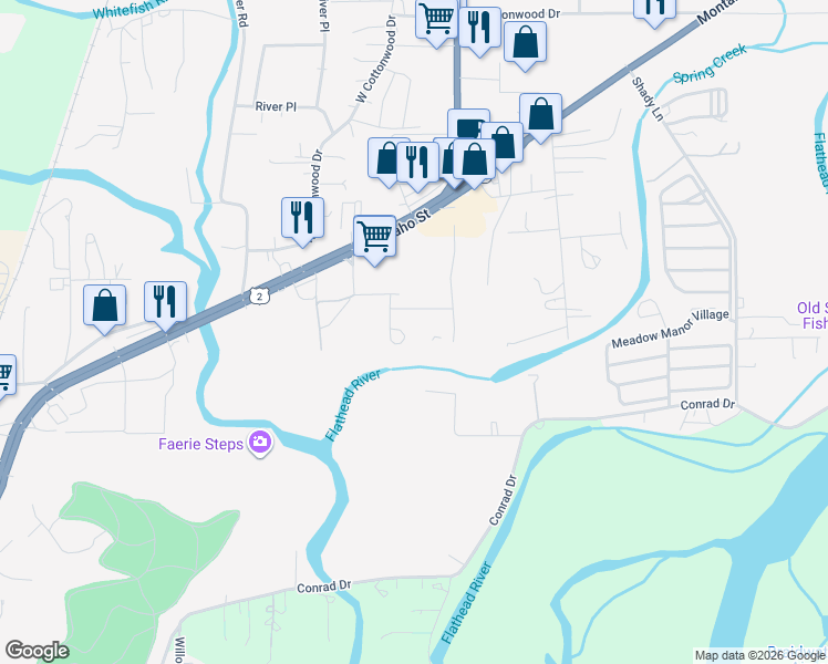 map of restaurants, bars, coffee shops, grocery stores, and more near 66 Sager Lane in Kalispell