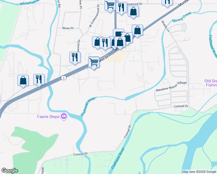 map of restaurants, bars, coffee shops, grocery stores, and more near 66 Sager Lane in Kalispell