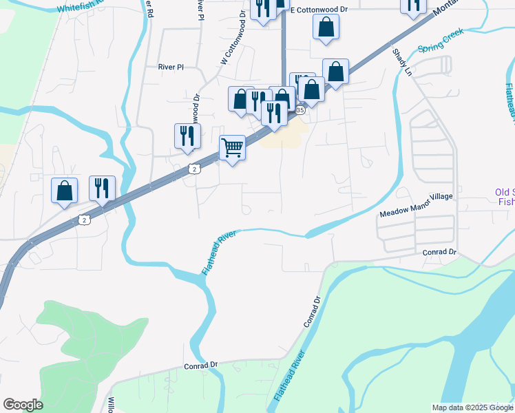 map of restaurants, bars, coffee shops, grocery stores, and more near 66 Sager Lane in Kalispell
