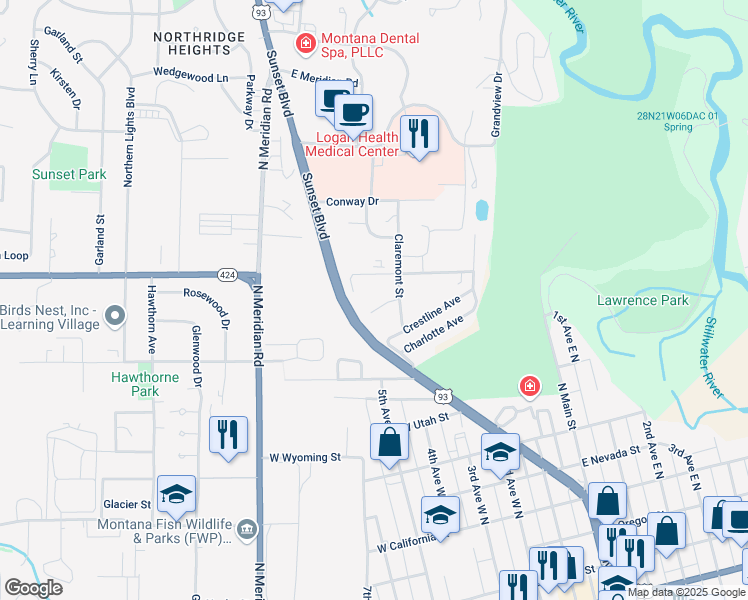 map of restaurants, bars, coffee shops, grocery stores, and more near 200 Mission Street in Kalispell