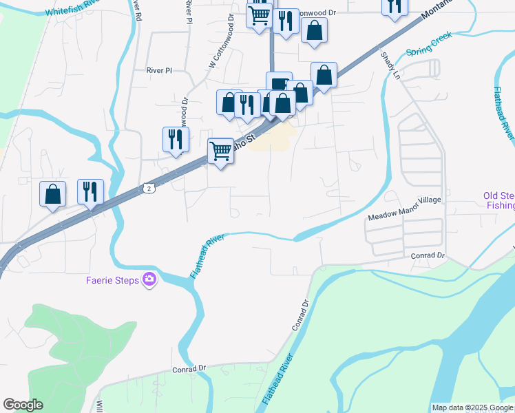 map of restaurants, bars, coffee shops, grocery stores, and more near 1426 Montana 35 in Kalispell