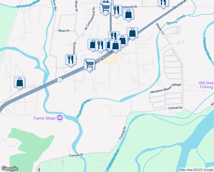 map of restaurants, bars, coffee shops, grocery stores, and more near 1426 Montana 35 in Kalispell