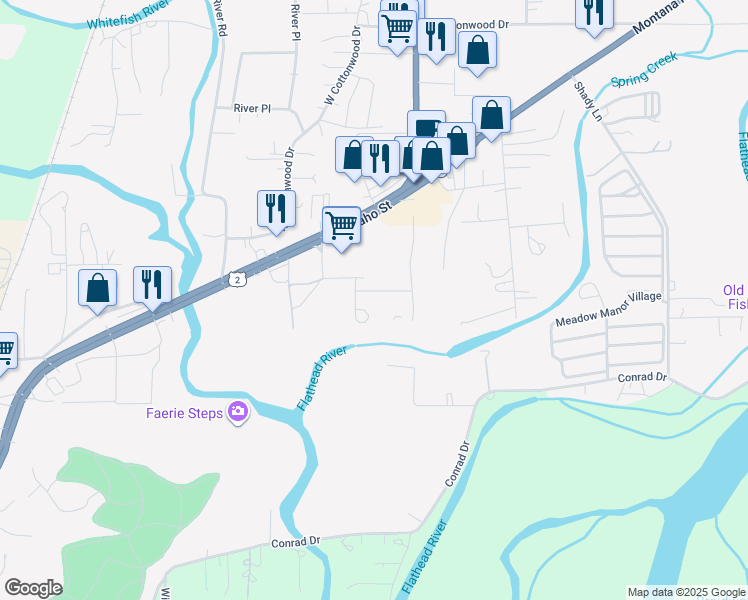 map of restaurants, bars, coffee shops, grocery stores, and more near 66 Sager Lane in Kalispell