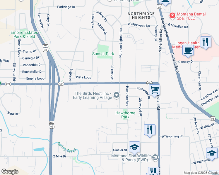 map of restaurants, bars, coffee shops, grocery stores, and more near 130 Three Mile Drive in Kalispell