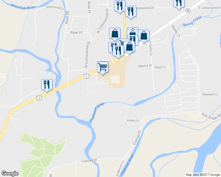 map of restaurants, bars, coffee shops, grocery stores, and more near 62 Sager Lane in Kalispell