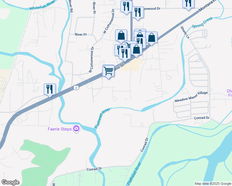 map of restaurants, bars, coffee shops, grocery stores, and more near 62 Sager Lane in Kalispell