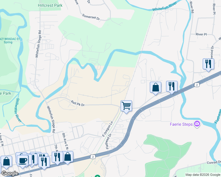 map of restaurants, bars, coffee shops, grocery stores, and more near 474-498 Flathead Drive in Kalispell