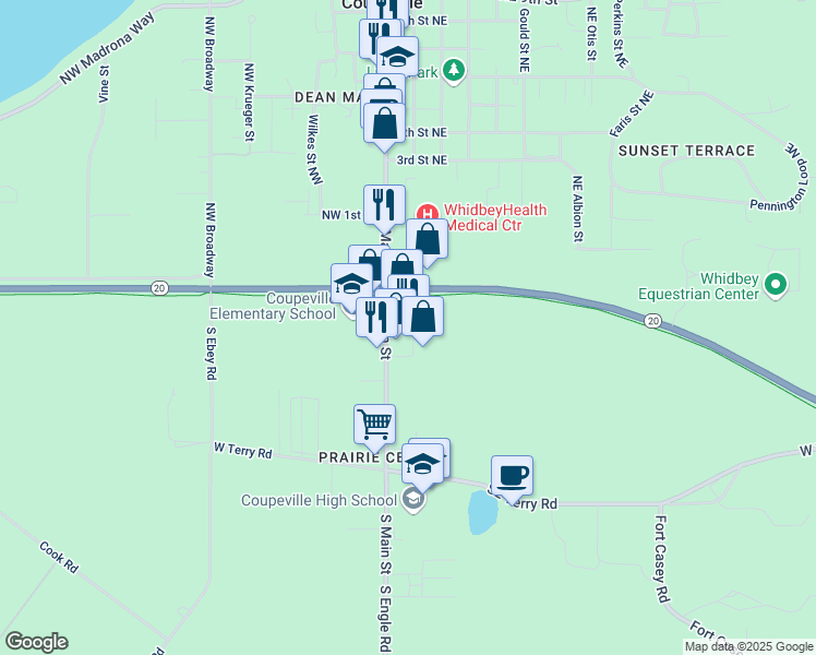 map of restaurants, bars, coffee shops, grocery stores, and more near 107 South Main Street in Coupeville