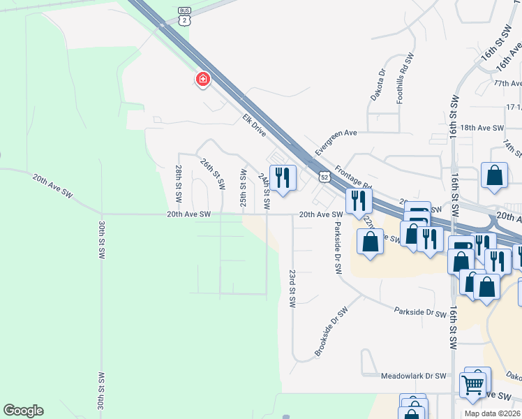 map of restaurants, bars, coffee shops, grocery stores, and more near 1954 24th Street Southwest in Minot