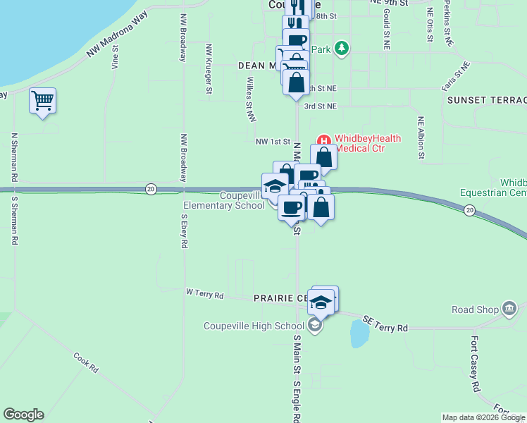 map of restaurants, bars, coffee shops, grocery stores, and more near 6 South Main Street in Coupeville