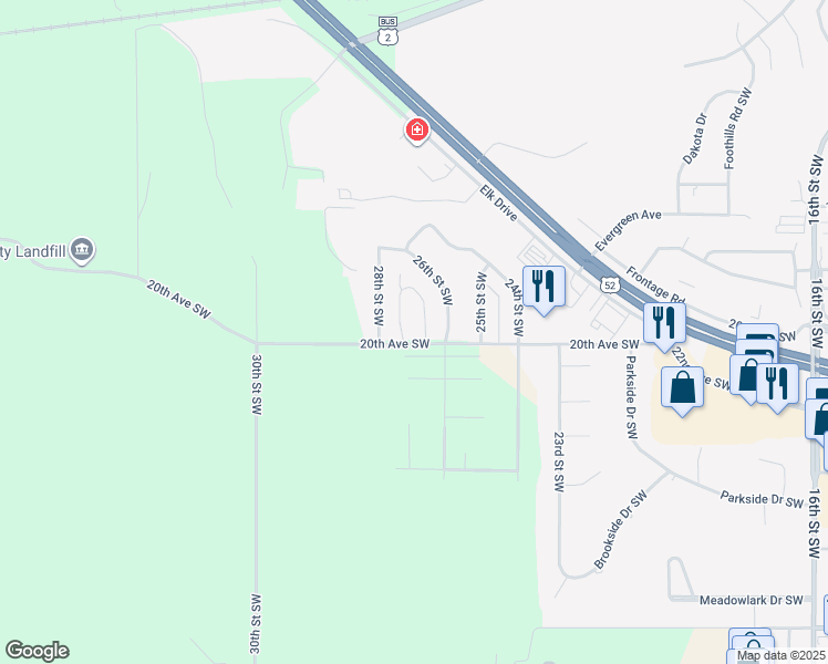 map of restaurants, bars, coffee shops, grocery stores, and more near 2700 20th Avenue Southwest in Minot