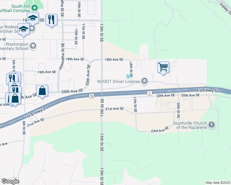 map of restaurants, bars, coffee shops, grocery stores, and more near U.S. 2 in Minot