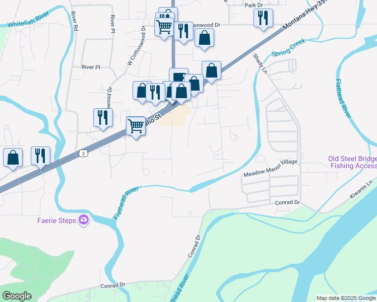 map of restaurants, bars, coffee shops, grocery stores, and more near 1426 Montana Highway 35 in Kalispell