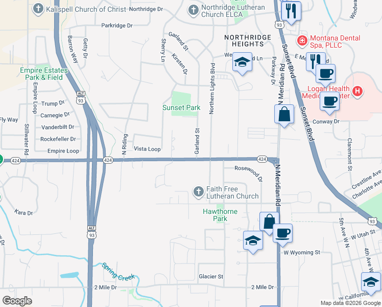 map of restaurants, bars, coffee shops, grocery stores, and more near 130 3 Mile Drive in Kalispell