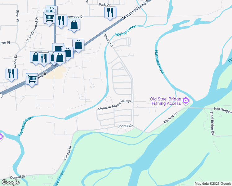 map of restaurants, bars, coffee shops, grocery stores, and more near Meadow Manor Village in Evergreen
