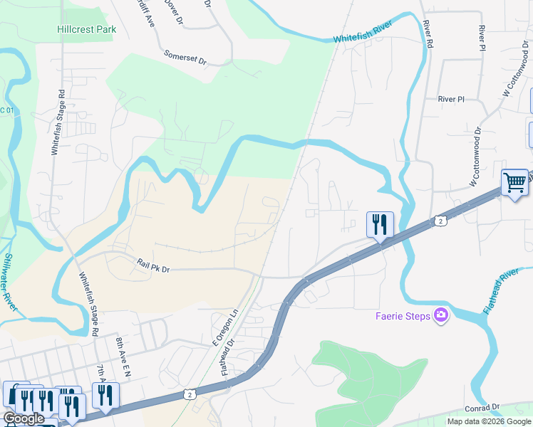 map of restaurants, bars, coffee shops, grocery stores, and more near 498 Flathead Drive in Kalispell