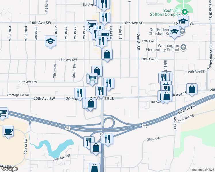 map of restaurants, bars, coffee shops, grocery stores, and more near 2601 1/2 2nd Avenue Southwest in Minot