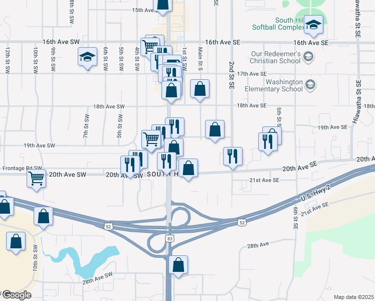 map of restaurants, bars, coffee shops, grocery stores, and more near 1925 19 1/2 Avenue Southwest in Minot