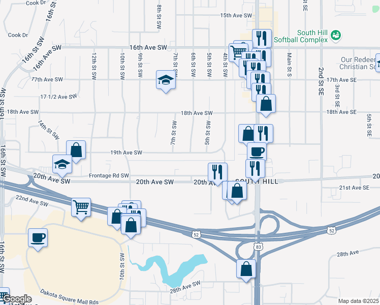 map of restaurants, bars, coffee shops, grocery stores, and more near 2808 6th Street Southwest in Minot