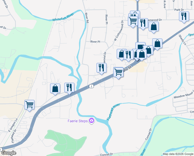 map of restaurants, bars, coffee shops, grocery stores, and more near 115 West Cottonwood Drive in Kalispell