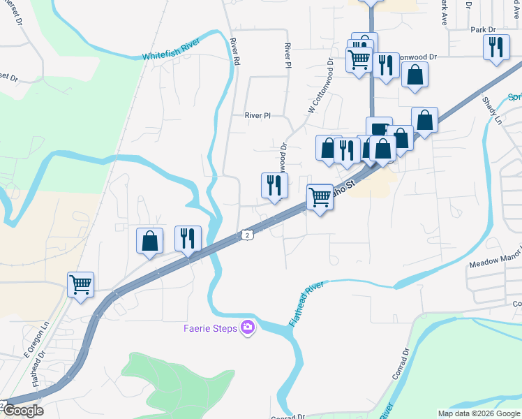 map of restaurants, bars, coffee shops, grocery stores, and more near 115 West Cottonwood Drive in Kalispell