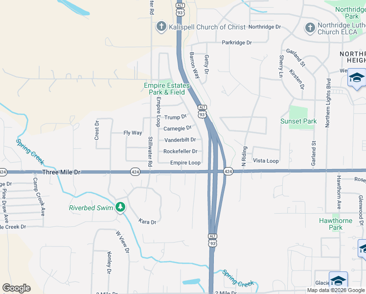 map of restaurants, bars, coffee shops, grocery stores, and more near 42 Vanderbilt Drive in Kalispell